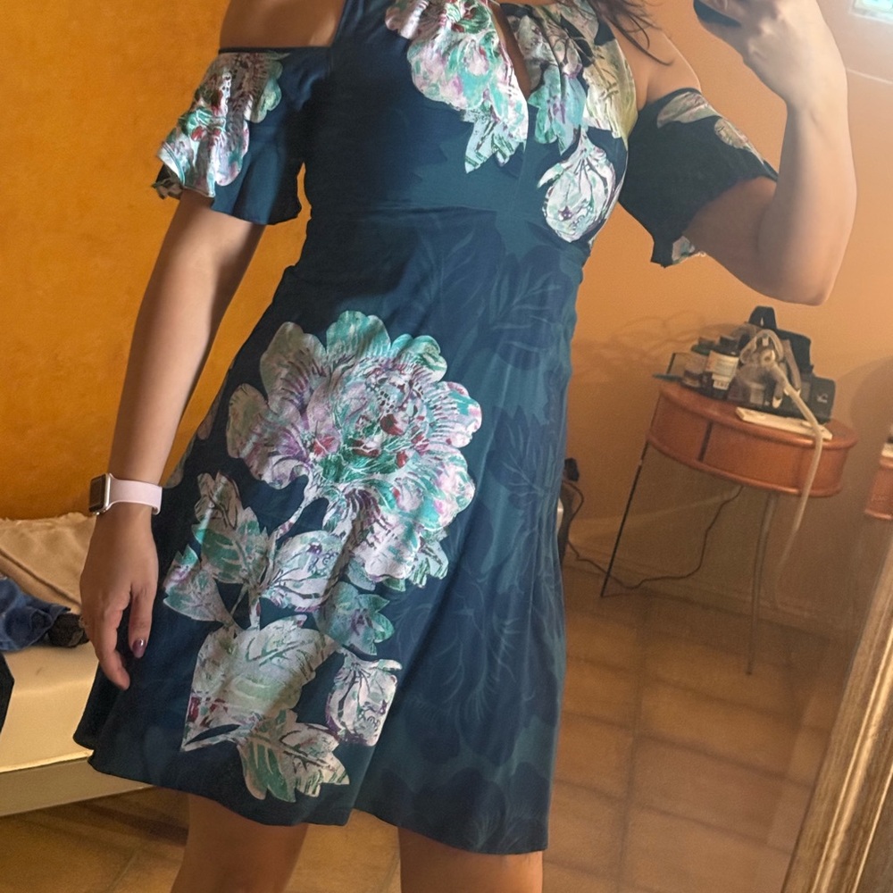 Maeve Teal Floral Off-Shoulder Mini Dress